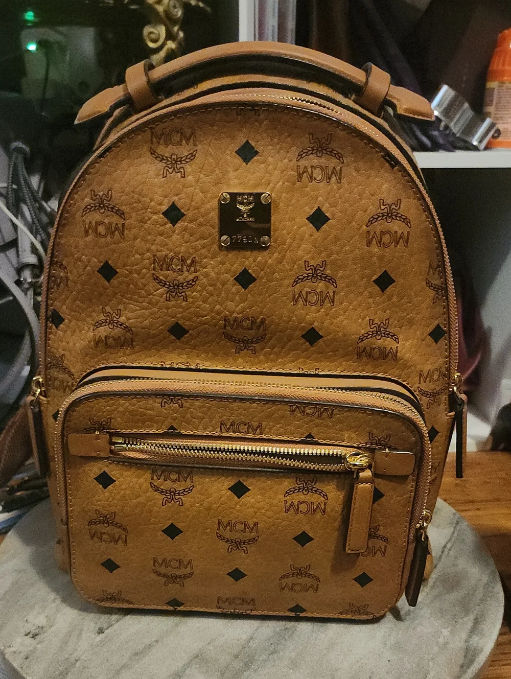 MCM Cognac Logo Visetos Backpack with Gold Hardware